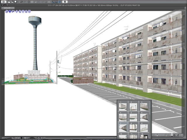 漫画背景用3D素材_「公団住宅Aと給水塔」(CLIP STUDIO用 3Dオブジェクト)