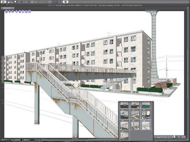 漫画背景用3D素材_「公団住宅Aと給水塔」(CLIP STUDIO用 3Dオブジェクト)