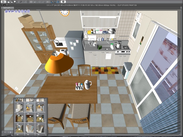 漫画背景用3D素材_「公団住宅Aの室内」(CLIP STUDIO用 3Dオブジェクト)