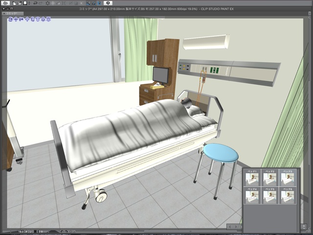 漫画背景用3D素材_「病院個室ベッド」(CLIP STUDIO用 3Dオブジェクト)