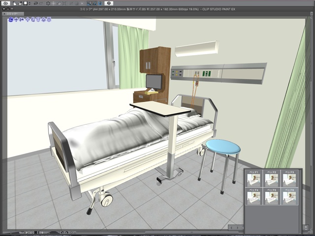 漫画背景用3D素材_「病院個室ベッド」(CLIP STUDIO用 3Dオブジェクト)