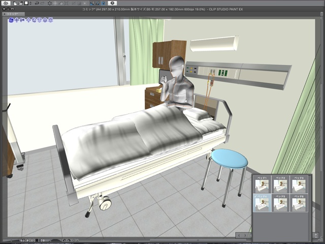 漫画背景用3D素材_「病院個室ベッド」(CLIP STUDIO用 3Dオブジェクト)