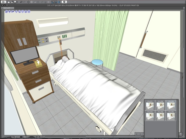 漫画背景用3D素材_「病院個室ベッド」(CLIP STUDIO用 3Dオブジェクト)