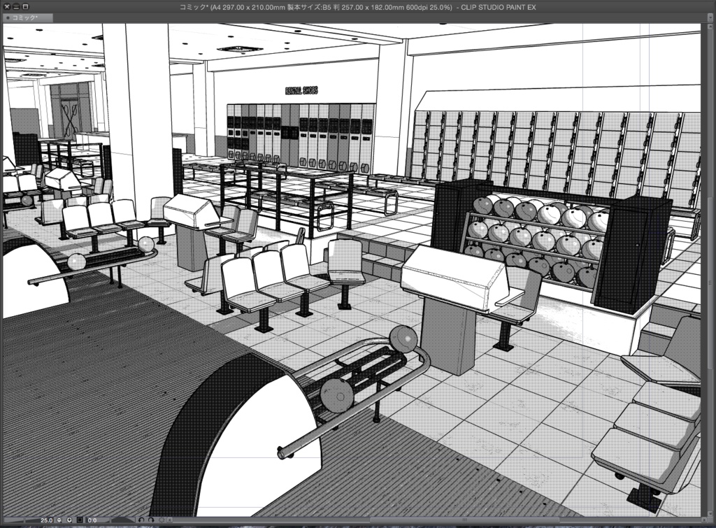 漫画背景用3D素材「ボウリング場」(CLIP STUDIO用 3Dオブジェクト.cs3o)