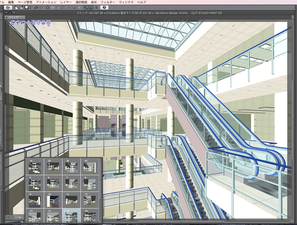 漫画背景用3D素材「ショッピングモール」(CLIP STUDIO用 3Dオブジェクト.cs3o)