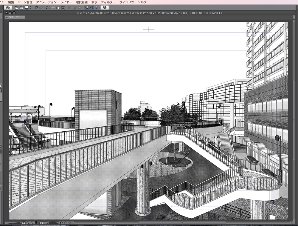 漫画背景用3D素材「空中歩道と駅」(CLIP STUDIO用 3Dオブジェクト.cs3o)