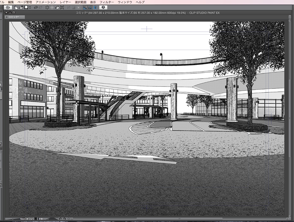 漫画背景用3D素材「空中歩道と駅」(CLIP STUDIO用 3Dオブジェクト.cs3o)