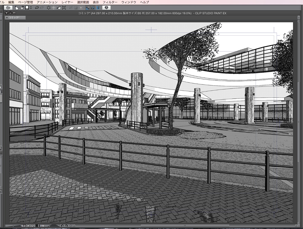 漫画背景用3D素材「空中歩道と駅」(CLIP STUDIO用 3Dオブジェクト.cs3o)