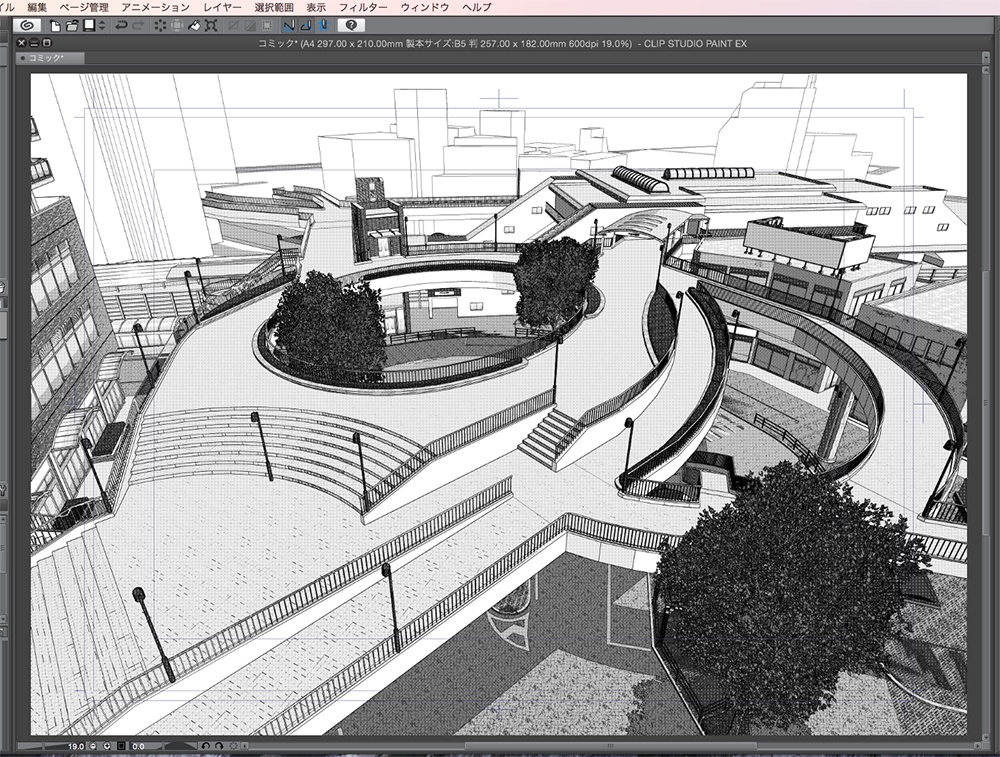 漫画背景用3D素材「空中歩道と駅」(CLIP STUDIO用 3Dオブジェクト.cs3o)