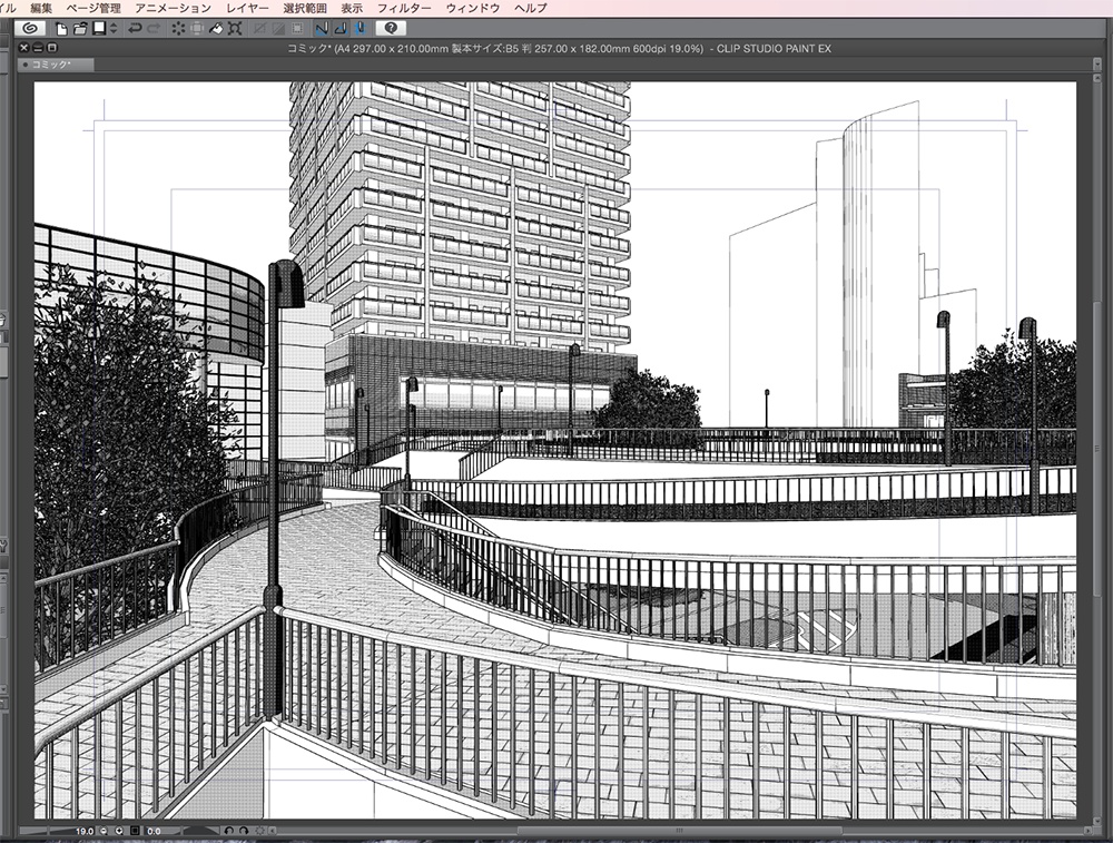 漫画背景用3D素材「空中歩道と駅」(CLIP STUDIO用 3Dオブジェクト.cs3o)