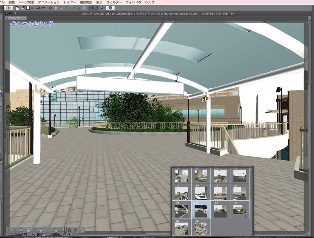 漫画背景用3D素材「空中歩道と駅」(CLIP STUDIO用 3Dオブジェクト.cs3o)