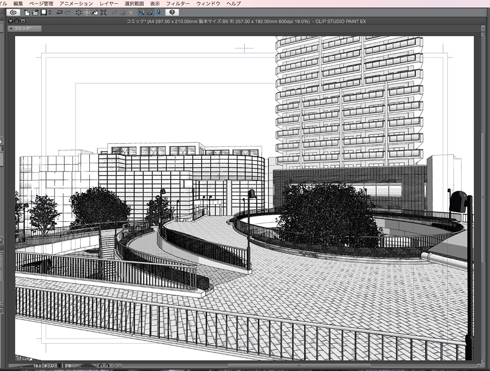 漫画背景用3D素材「空中歩道と駅」(CLIP STUDIO用 3Dオブジェクト.cs3o)