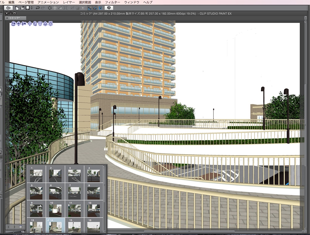漫画背景用3D素材「空中歩道と駅」(CLIP STUDIO用 3Dオブジェクト.cs3o)