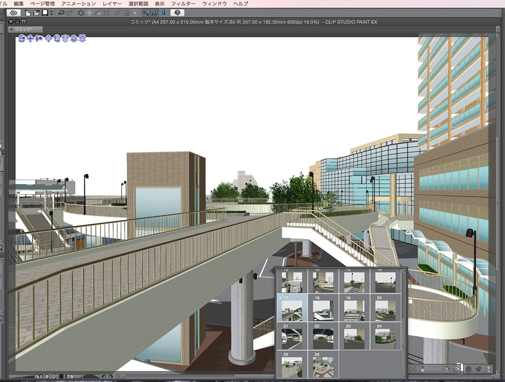 漫画背景用3D素材「空中歩道と駅」(CLIP STUDIO用 3Dオブジェクト.cs3o)