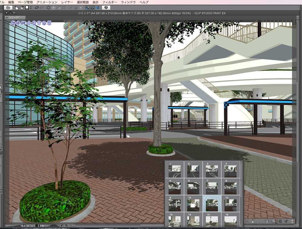 漫画背景用3D素材「空中歩道と駅」(CLIP STUDIO用 3Dオブジェクト.cs3o)