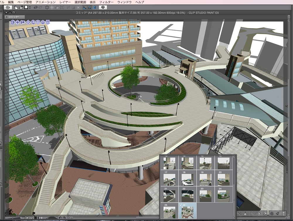漫画背景用3D素材「空中歩道と駅」(CLIP STUDIO用 3Dオブジェクト.cs3o)