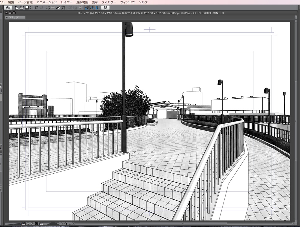 漫画背景用3D素材「空中歩道と駅」(CLIP STUDIO用 3Dオブジェクト.cs3o)