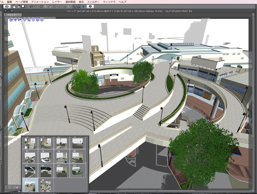 漫画背景用3D素材「空中歩道と駅」(CLIP STUDIO用 3Dオブジェクト.cs3o)