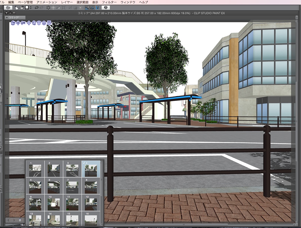 漫画背景用3D素材「空中歩道と駅」(CLIP STUDIO用 3Dオブジェクト.cs3o)