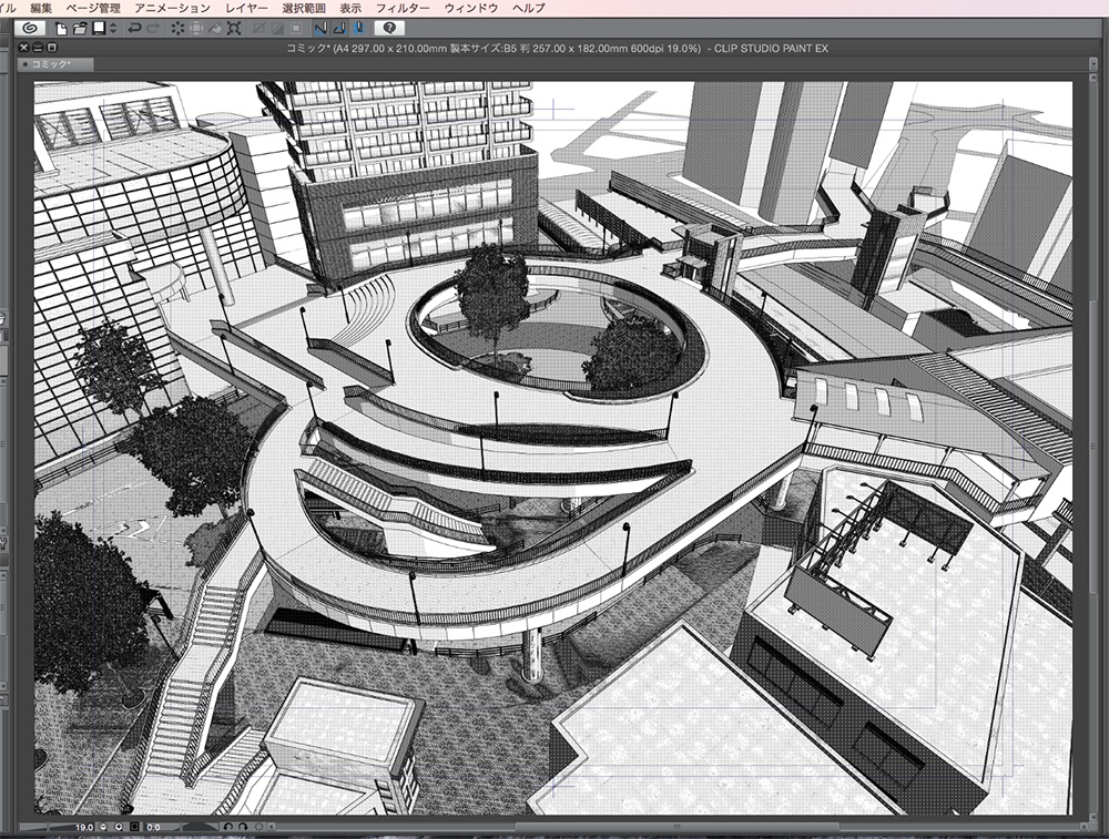 漫画背景用3D素材「空中歩道と駅」（CLIP STUDIO用 3Dオブジェクト.cs3o）