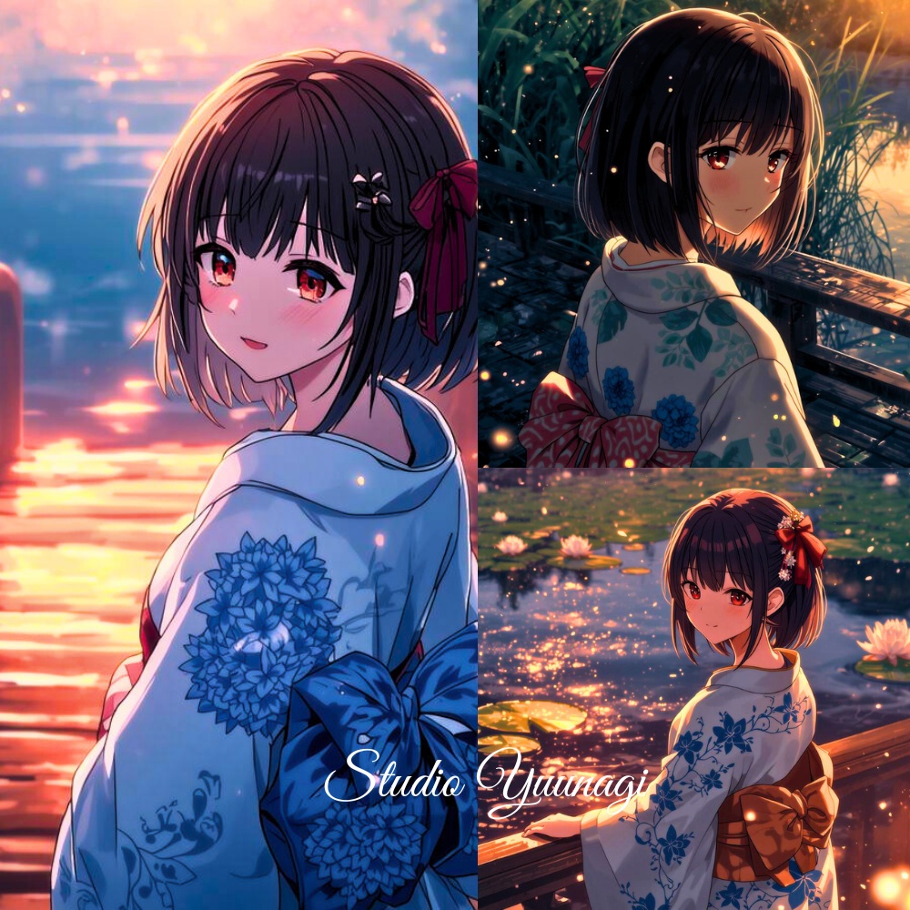 【PC・iPhone・iPad|6 Sizes壁紙セット】Summer Twilight Bridges(3枚セット)|夕映えに揺れる水面