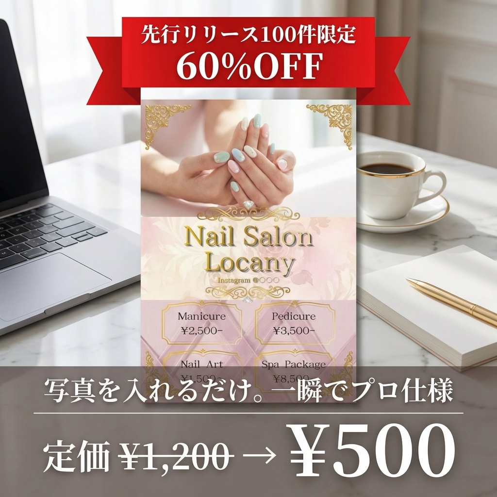【100件限定｜60%OFF】ネイルサロン集客チラシ｜Canva編集可｜大人可愛いゴールド装飾・SNS導線付