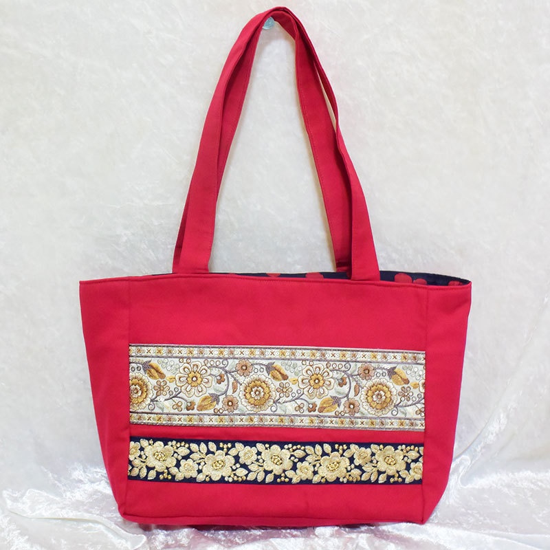 痛バッグトート インド刺繍リボン 赤(在庫あり)