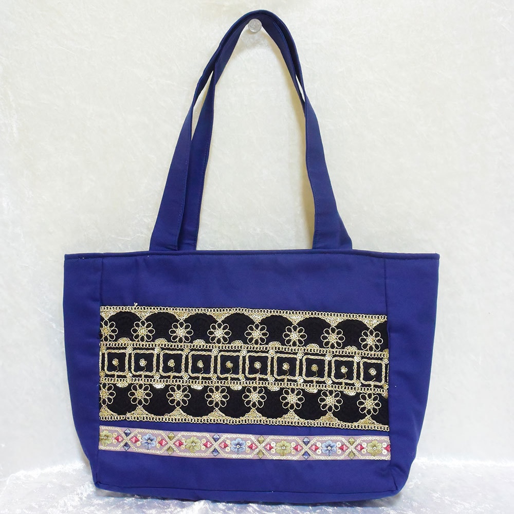 痛バッグトート インド刺繍リボン ネイビー(在庫あり)