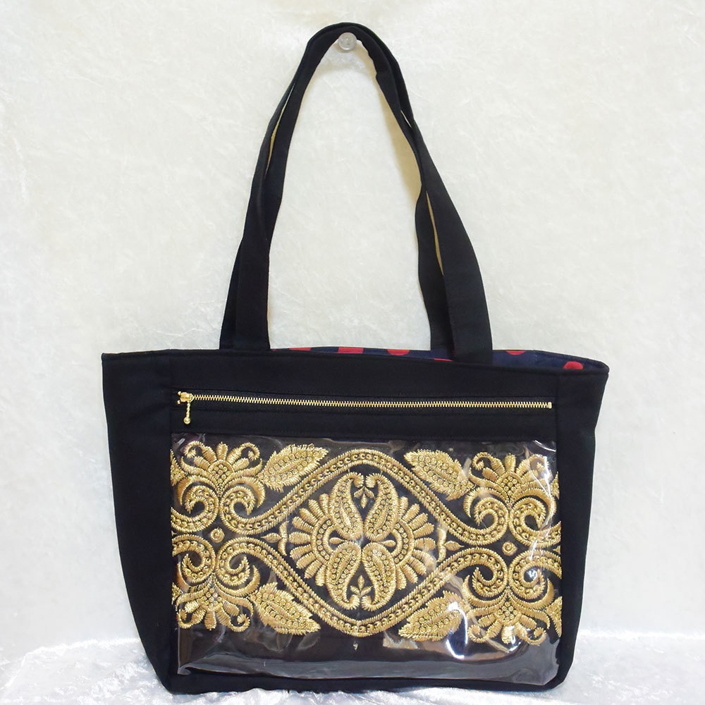 痛バッグトート インド刺繍リボン 黒(在庫あり)