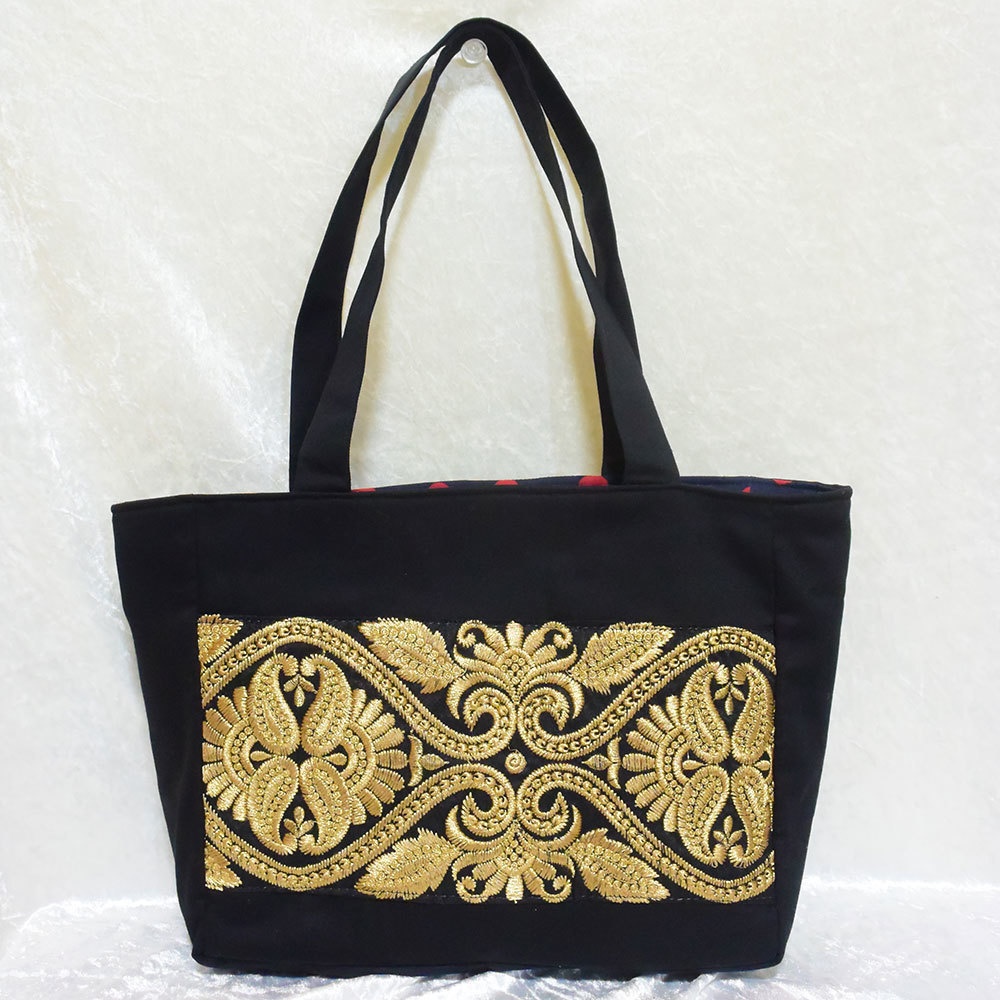 痛バッグトート インド刺繍リボン 黒(在庫あり)