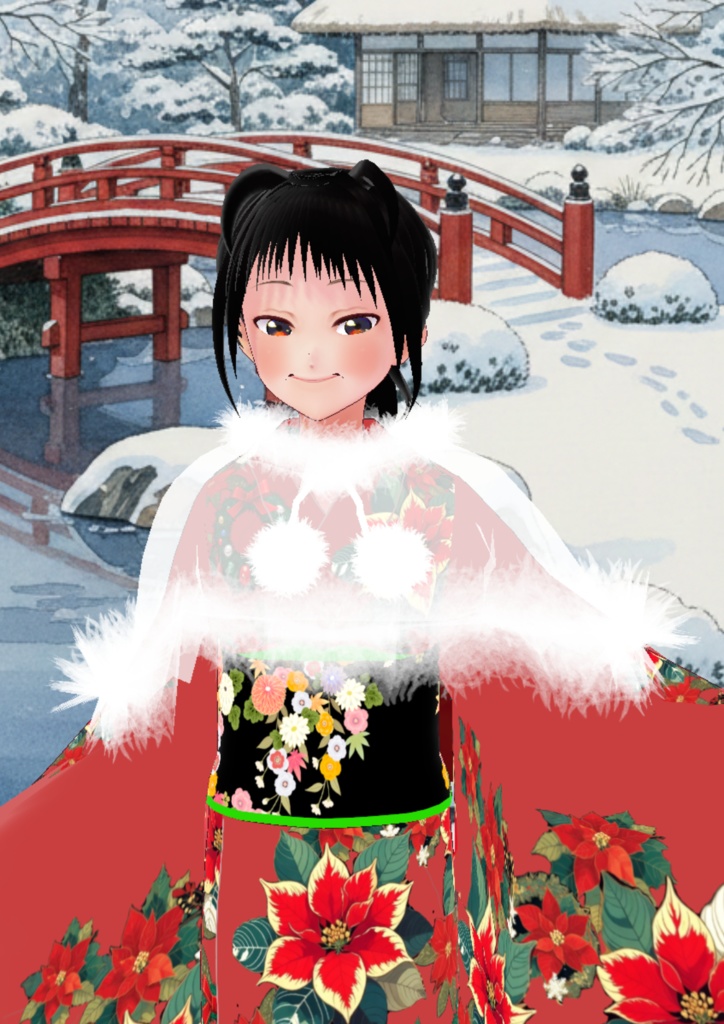 クリスマスケープとポインセチア着物