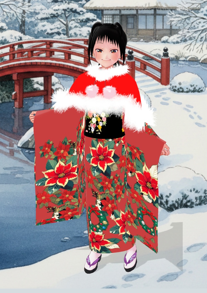 クリスマスケープとポインセチア着物