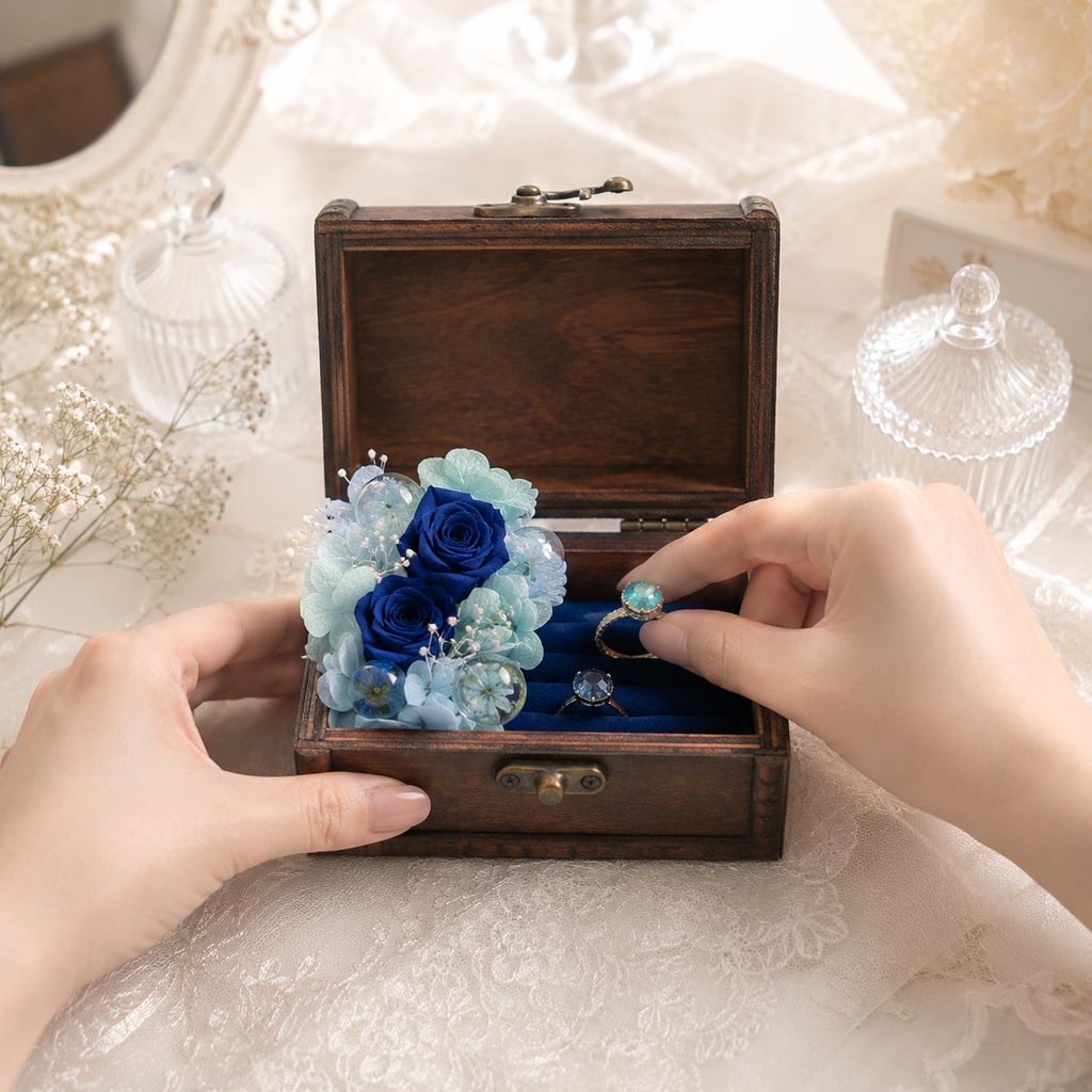 リングピロー・リングケース💍Mサイズ 〜海泡の宝箱 ― 青薔薇と紫陽花のフラワージュエリーボックス〜