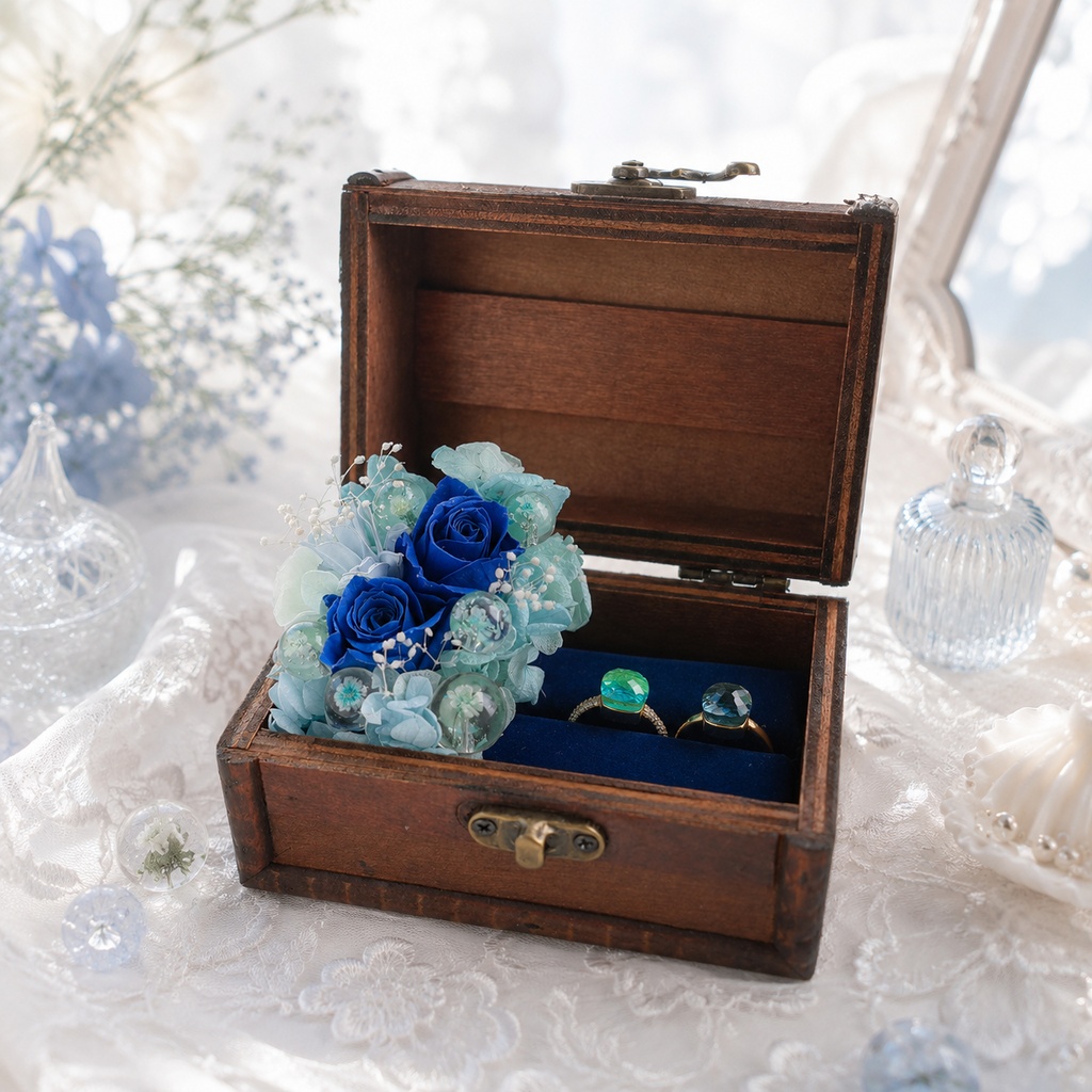 リングピロー・リングケース💍Mサイズ 〜海泡の宝箱 ― 青薔薇と紫陽花のフラワージュエリーボックス〜