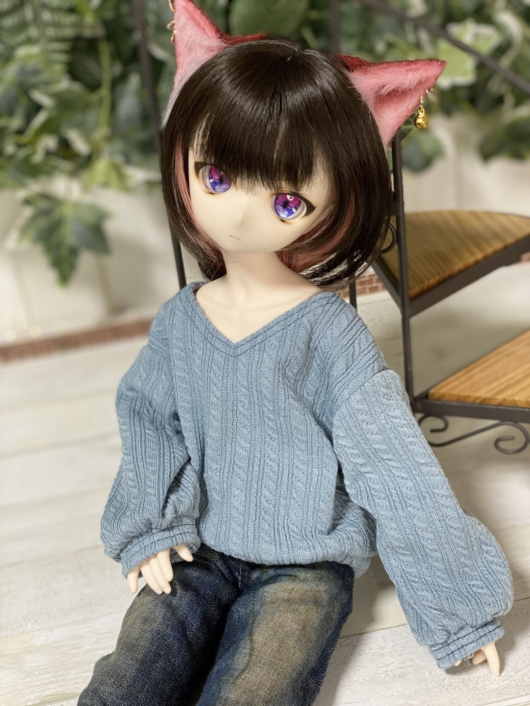 Vネックニット(くすみ青)セット