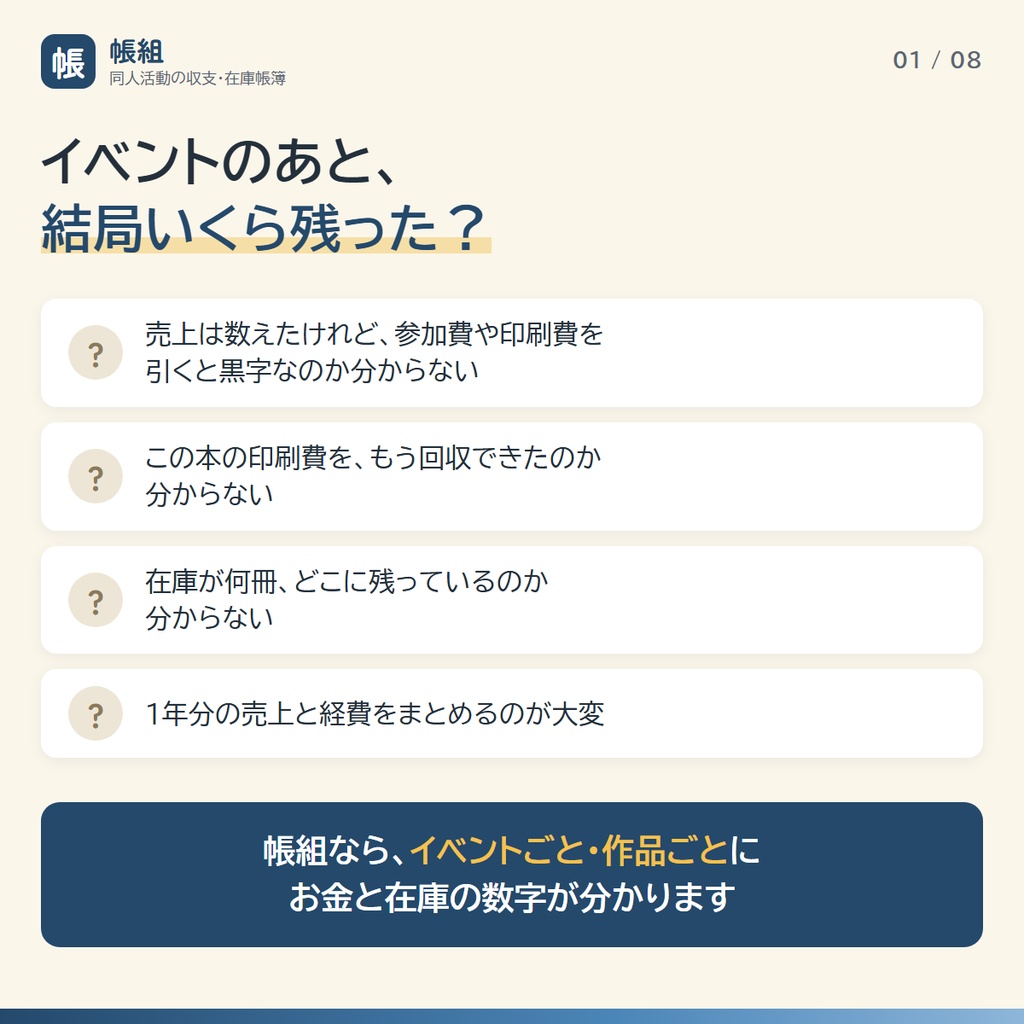 帳組(ちょうぐみ)|同人イベントの収支・在庫帳簿ソフト【Windows】