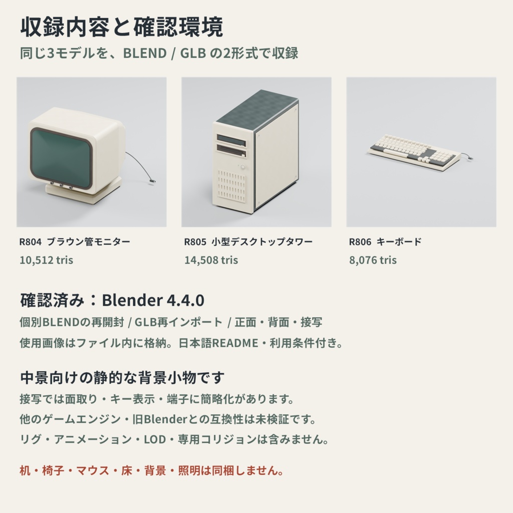 レトロPCデスク 基本3点|Blender / GLB