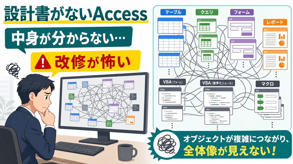 【無料体験版】ブラックボックス化したAccessを自動解析!Excel設計書10種を数分で一括生成するツール(32bit / 64bit対応)
