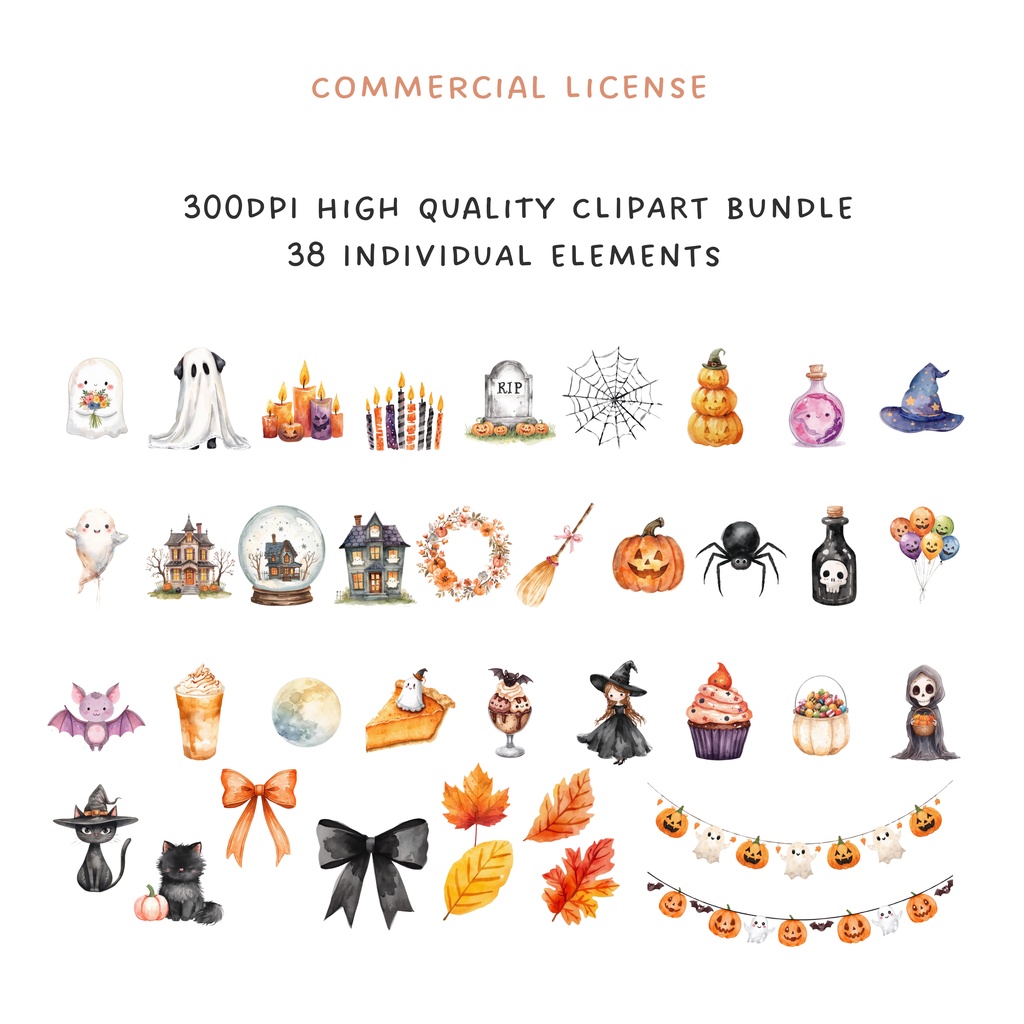 【商用利用OK】かわいいハロウィン 水彩クリップアートセット🎃|38点 PNGデータ|高画質イラスト素材集(かぼちゃ・ゴースト・魔女など)