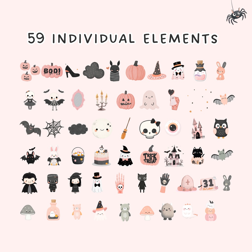 【商用利用OK】おちゃめでかわいい ハロウィン クリップアートセット🎃|59点 PNGデータ|高画質イラスト素材集(かぼちゃ・おばけ・魔女など)