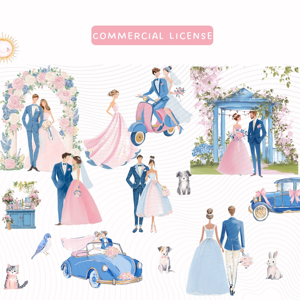 【商用利用OK】ロマンチック ガーデンウェディング 水彩クリップアート🌷|101点 PNGデータ|高画質イラスト素材集(花・リース・ケーキ・新郎新婦など)