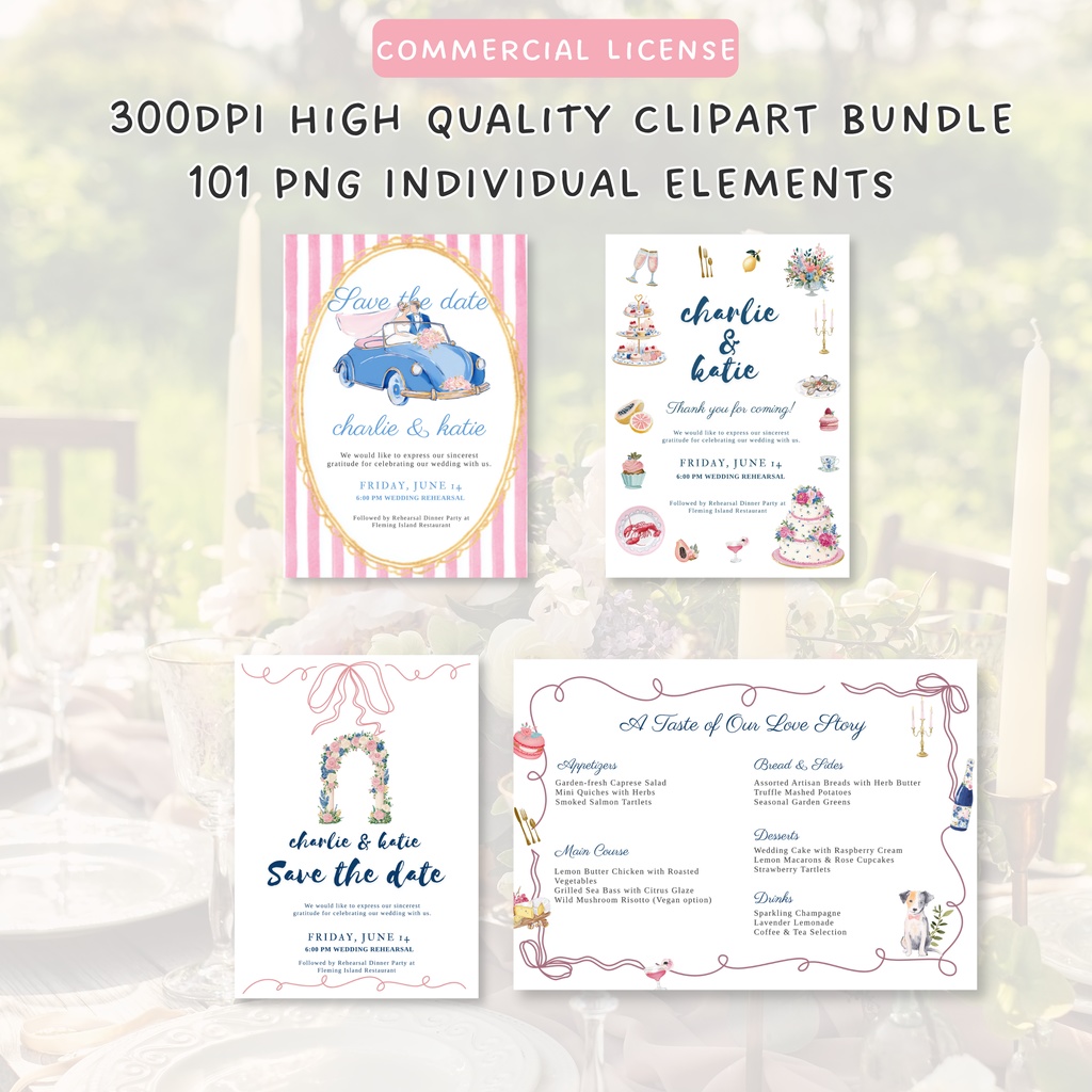 【商用利用OK】ロマンチック ガーデンウェディング 水彩クリップアート🌷|101点 PNGデータ|高画質イラスト素材集(花・リース・ケーキ・新郎新婦など)