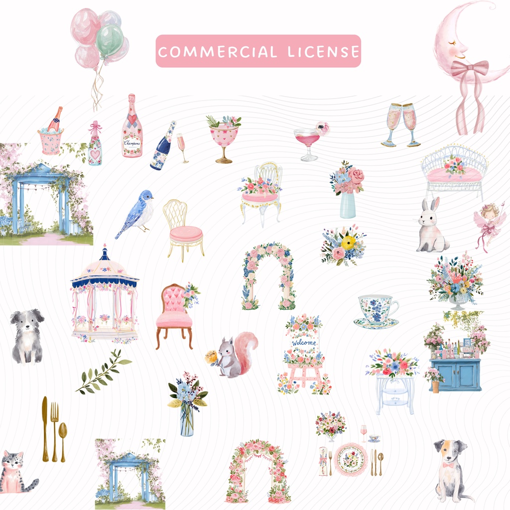 【商用利用OK】ロマンチック ガーデンウェディング 水彩クリップアート🌷|101点 PNGデータ|高画質イラスト素材集(花・リース・ケーキ・新郎新婦など)