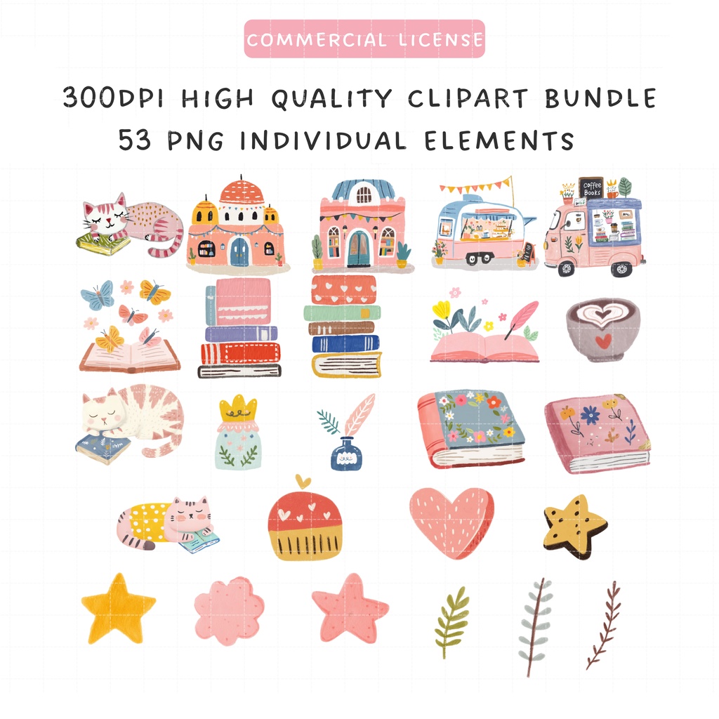 手書き風 読書クリップアートセット📚|53点 PNGデータ|本・お部屋などのかわいいイラスト素材集