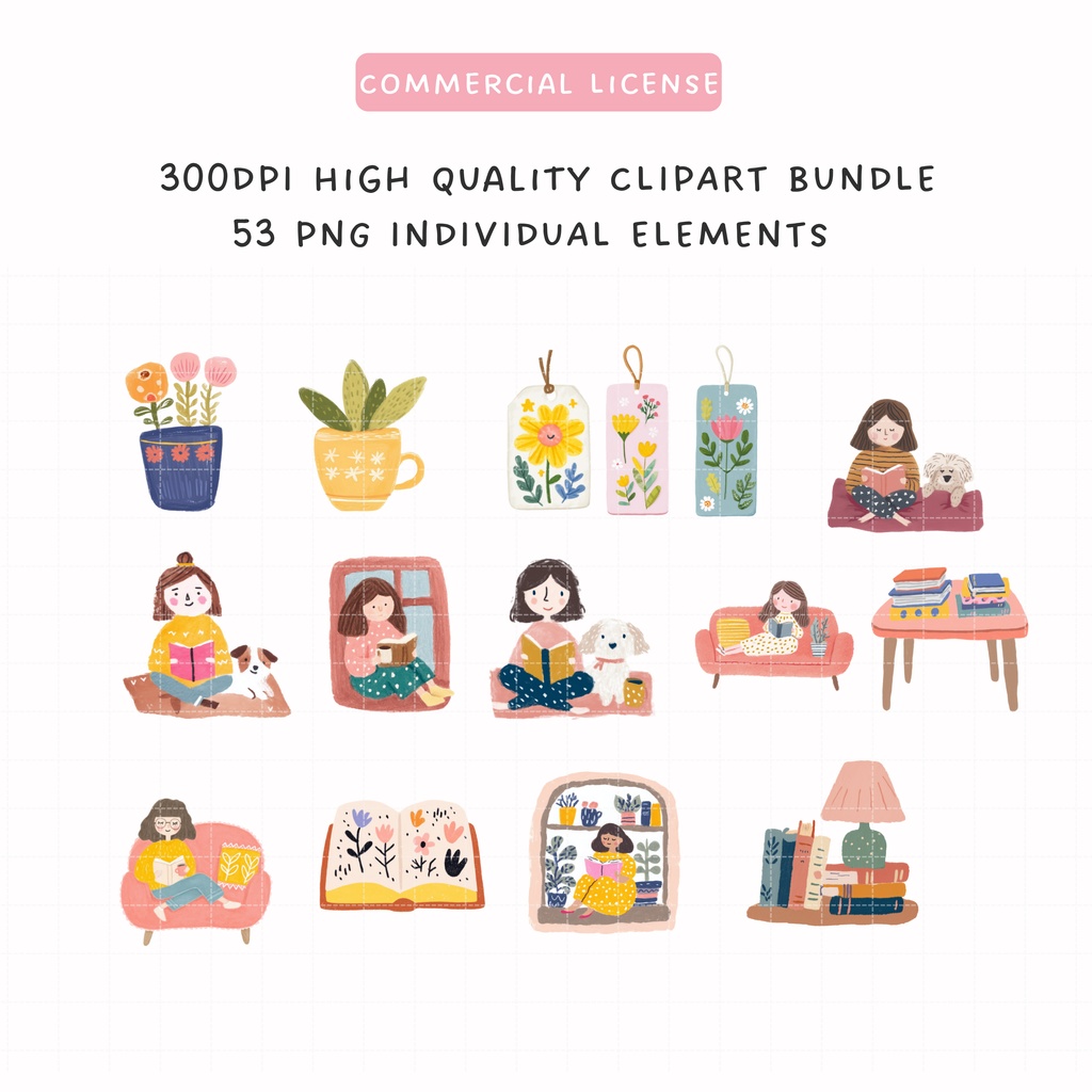 手書き風 読書クリップアートセット📚|53点 PNGデータ|本・お部屋などのかわいいイラスト素材集