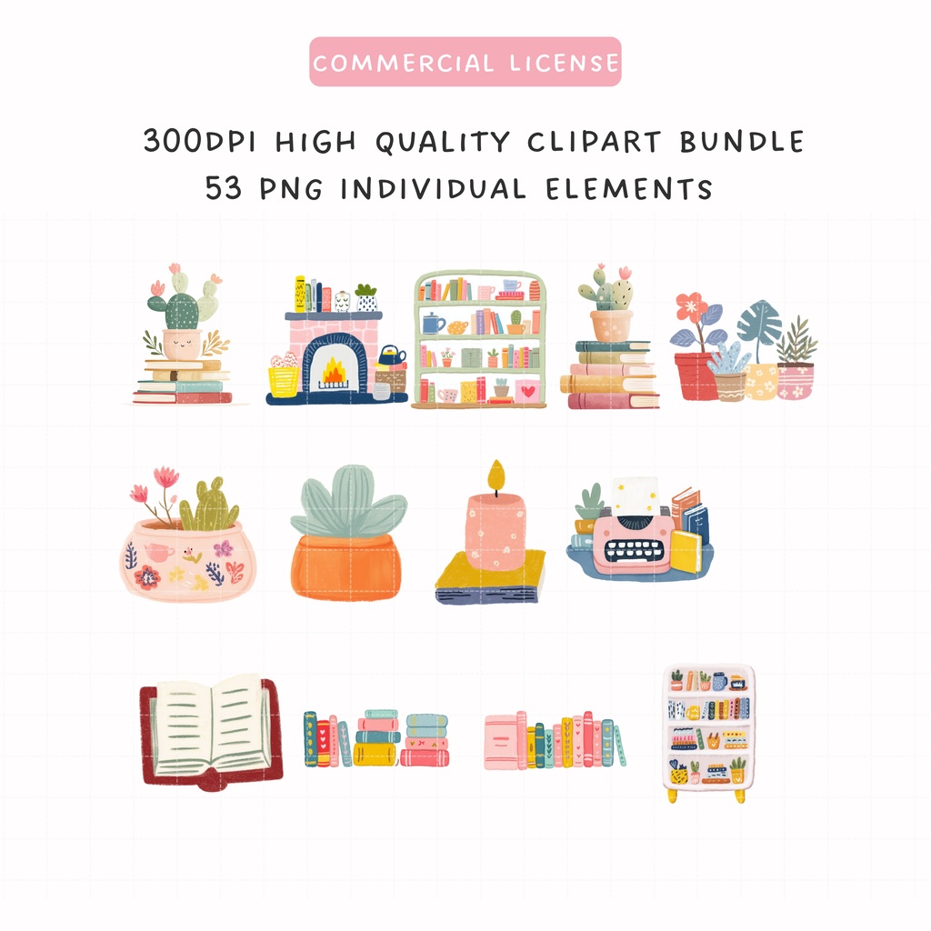 手書き風 読書クリップアートセット📚|53点 PNGデータ|本・お部屋などのかわいいイラスト素材集