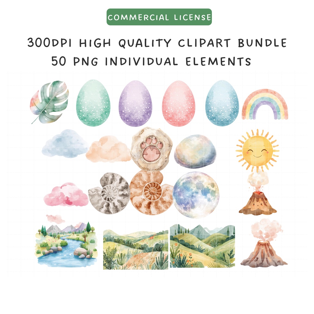 かわいい水彩恐竜クリップアート素材セット|やさしいパステルカラーのダイナソーPNGコレクション【商用利用OK】