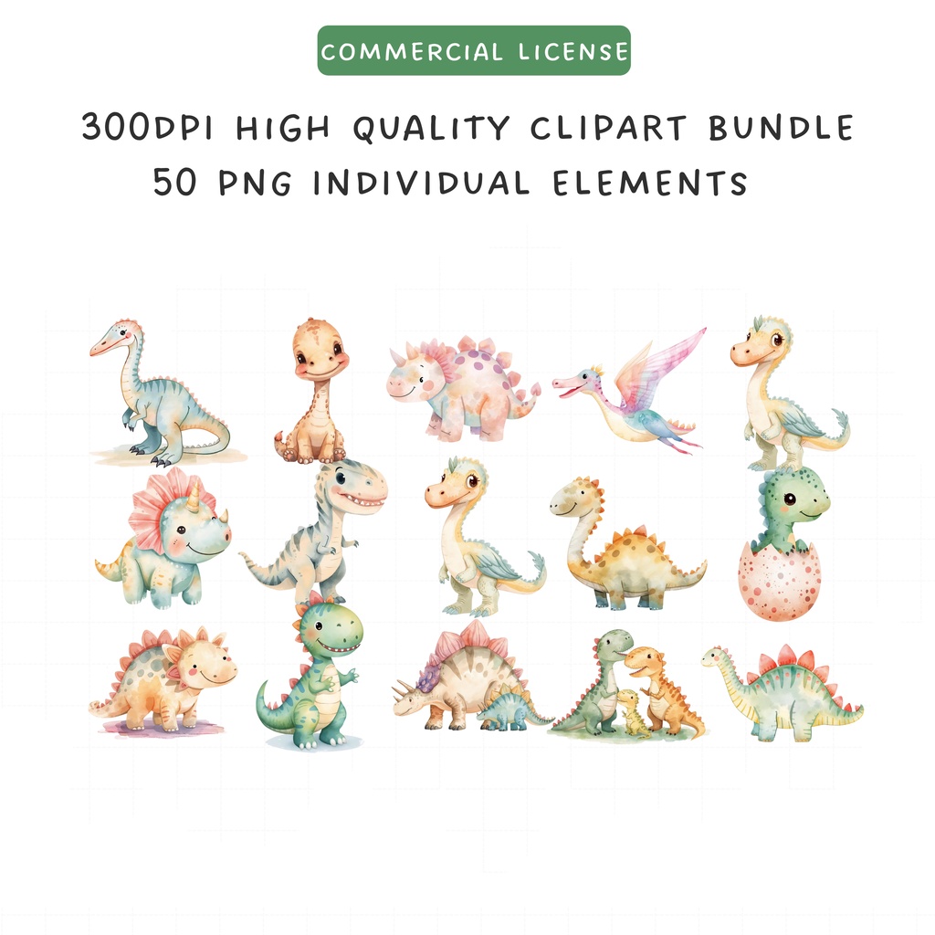 かわいい水彩恐竜クリップアート素材セット|やさしいパステルカラーのダイナソーPNGコレクション【商用利用OK】