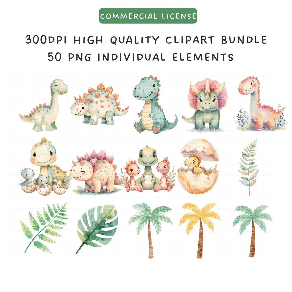 かわいい水彩恐竜クリップアート素材セット|やさしいパステルカラーのダイナソーPNGコレクション【商用利用OK】