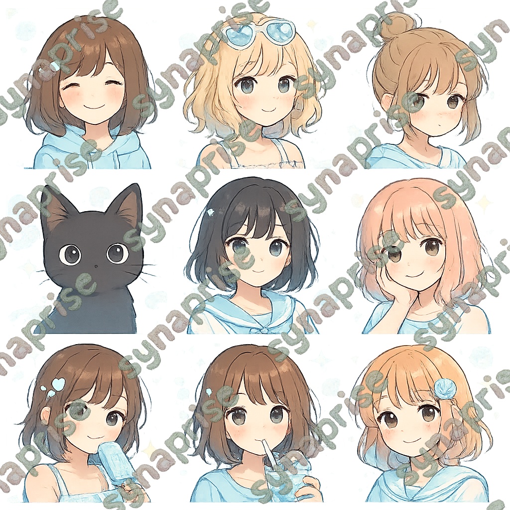 【新作】女の子と黒猫の９種類イラスト透過アイコン&壁紙セット(夏ver.)